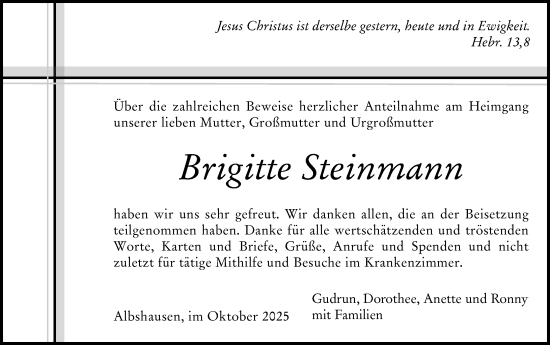 Traueranzeige von Brigitte Steinmann von Wetzlarer Neue Zeitung