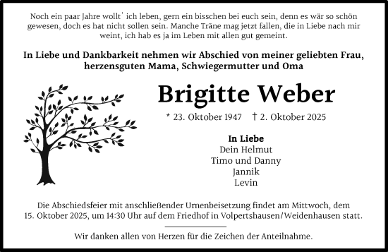 Traueranzeige von Brigitte Weber von Wetzlarer Neue Zeitung