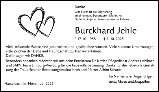 Traueranzeige von Burckhard Jehle von Weilburger Tageblatt
