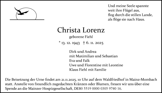 Traueranzeige von Christa Lorenz von Allgemeine Zeitung Mainz