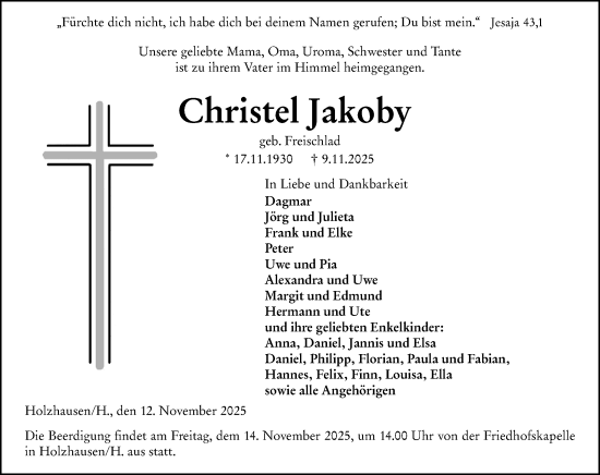 Traueranzeige von Christel Jakoby von Hinterländer Anzeiger