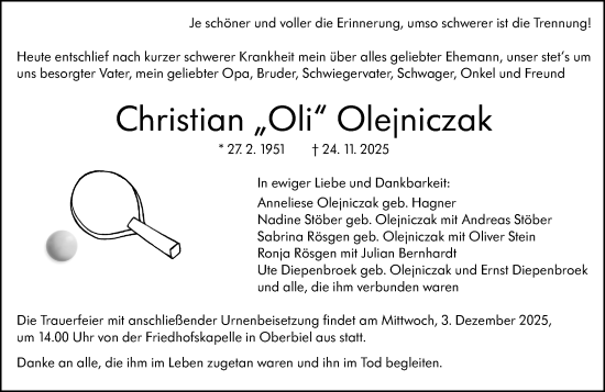 Traueranzeige von Christian Olejniczak von Wetzlarer Neue Zeitung
