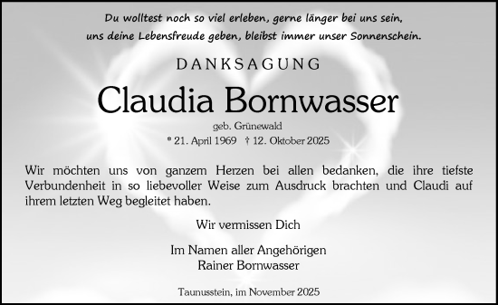 Traueranzeige von Claudia Bornwasser von Wiesbadener Kurier