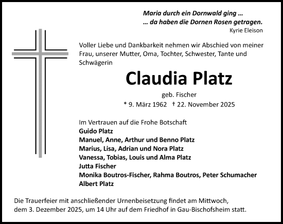 Traueranzeige von Claudia Platz von Allgemeine Zeitung Mainz