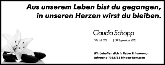 Traueranzeige von Claudia Schopp von Binger-/Ingelheimer Wochenblatt