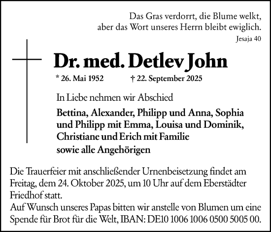 Traueranzeige von Detlev John von Darmstädter Echo