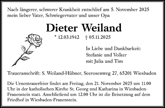 Traueranzeige von Dieter Weiland von Wiesbadener Kurier