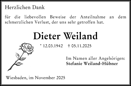 Traueranzeige von Dieter Weiland von Wiesbadener Kurier