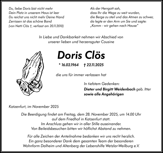 Traueranzeige von Doris Clös von Wetzlarer Neue Zeitung