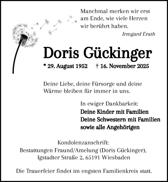 Traueranzeige von Doris Gückinger von Wiesbadener Kurier