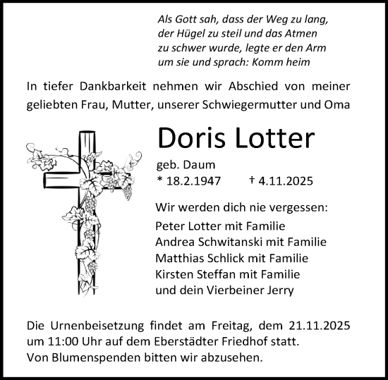 Traueranzeige von Doris Lotter von Darmstädter Echo