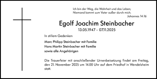 Traueranzeige von Egolf Joachim Steinbacher von Allgemeine Zeitung Alzey