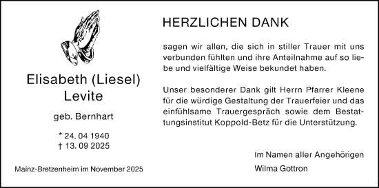 Traueranzeige von Elisabeth Levite von Allgemeine Zeitung Mainz