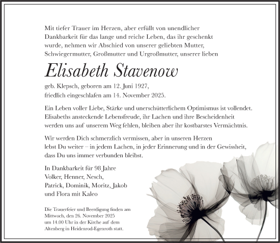 Traueranzeige von Elisabeth Stavenow von Wiesbadener Kurier