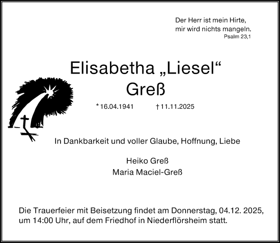 Traueranzeige von Elisabetha Greß von Wormser Zeitung
