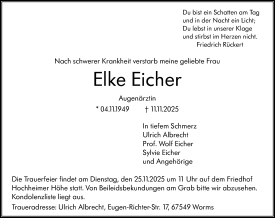 Traueranzeige von Elke Eicher von Wormser Zeitung