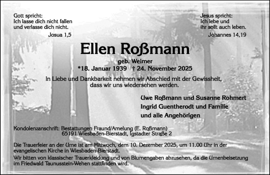 Traueranzeige von Ellen Roßmann von Wiesbadener Kurier