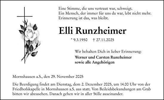 Traueranzeige von Elli Runzheimer von Hinterländer Anzeiger