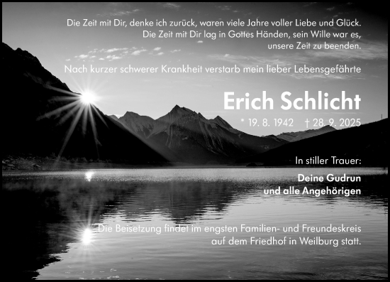 Traueranzeige von Erich Schlicht von Weilburger Tageblatt