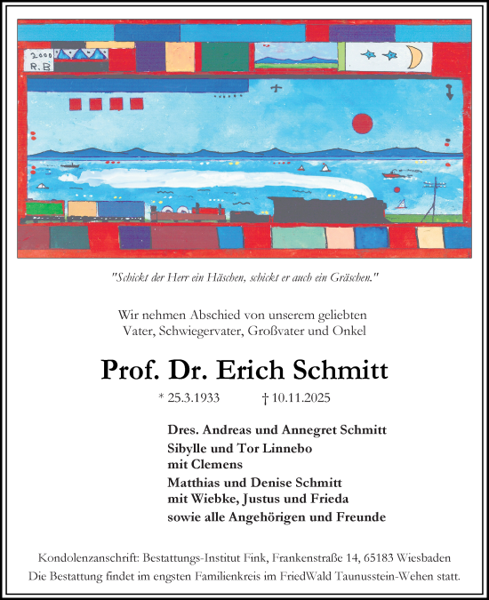 Traueranzeige von Erich Schmitt von Wiesbadener Kurier