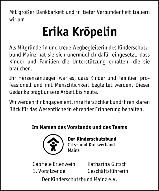 Traueranzeige von Erika Kröpelin von Allgemeine Zeitung Mainz