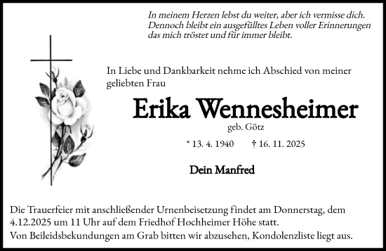 Traueranzeige von Erika Wennesheimer von Wormser Zeitung
