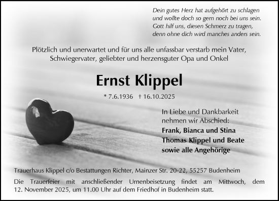 Traueranzeige von Ernst Klippel von Allgemeine Zeitung Mainz