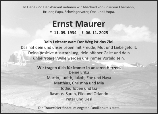 Traueranzeige von Ernst Maurer von Darmstädter Echo
