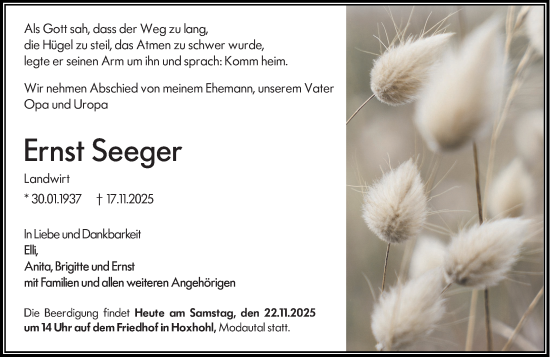 Traueranzeige von Ernst Seeger von Darmstädter Echo