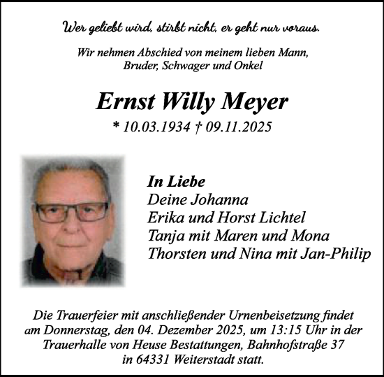 Traueranzeige von Ernst Willy Meyer von Darmstädter Echo