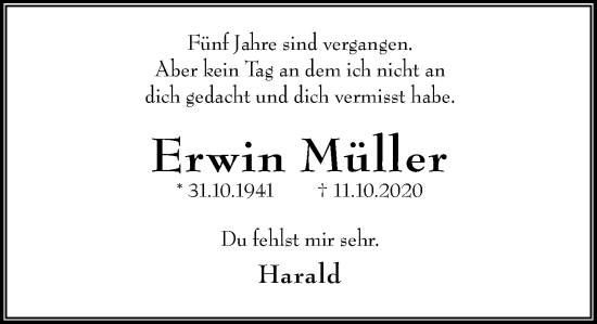 Traueranzeige von Erwin Müller von Wiesbadener Kurier