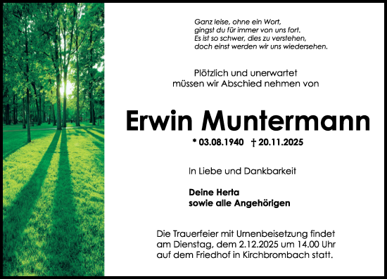 Traueranzeige von Erwin Muntermann von Odenwälder Echo