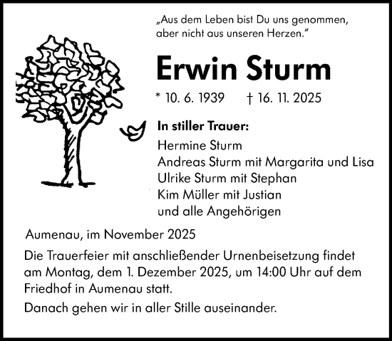 Traueranzeige von Erwin Sturm von Weilburger Tageblatt