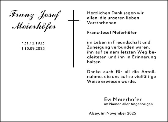 Traueranzeige von Franz-Josef Meierhöfer von Allgemeine Zeitung Alzey