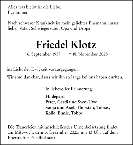 Traueranzeige von Friedel Klotz von Darmstädter Echo