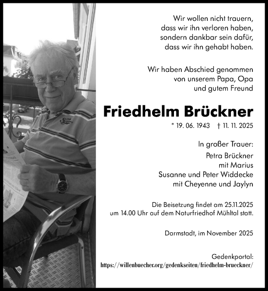 Traueranzeige von Friedhelm Brückner von Darmstädter Echo