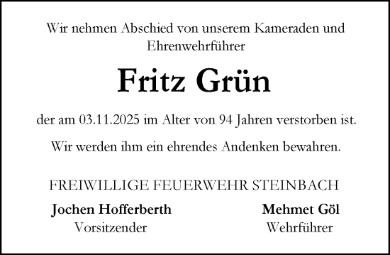 Traueranzeige von Fritz Grün von Odenwälder Echo