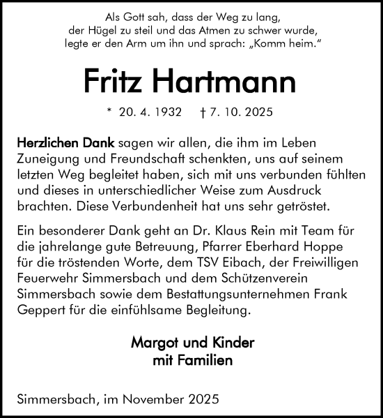 Traueranzeige von Fritz Hartmann von Dill Block