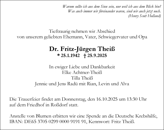 Traueranzeige von Fritz-Jürgen Theiß von Darmstädter Echo