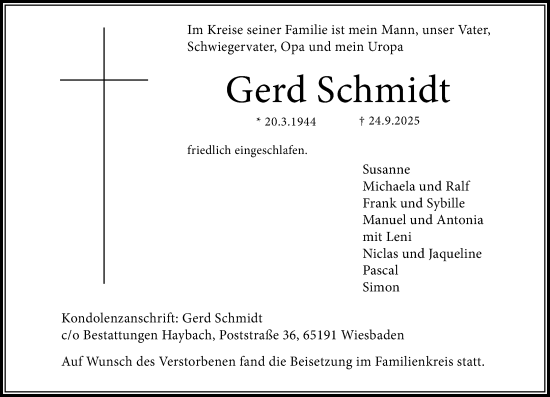 Traueranzeige von Gerd Schmidt von Wiesbadener Kurier