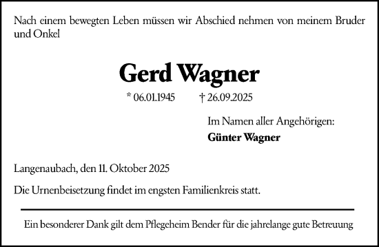 Traueranzeige von Gerd Wagner von Dill Block