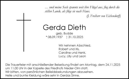 Traueranzeige von Gerda Dieth von Allgemeine Zeitung Mainz