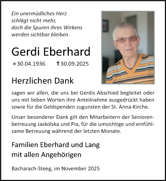 Traueranzeige von Gerdi Eberhard von Allgemeine Zeitung Rheinhessen-Nahe