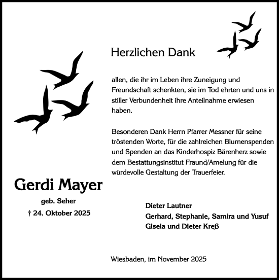 Traueranzeige von Gerdi Mayer von Wiesbadener Kurier