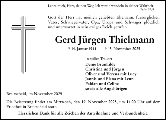 Traueranzeige von Gerd Jürgen Thielmann von Dill Block