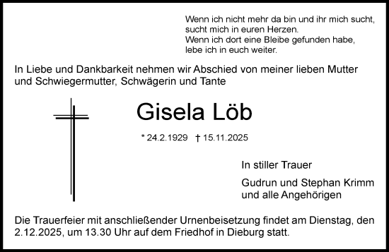 Traueranzeige von Gisela Löb von Dieburger Anzeiger/Groß-Zimmerner Lokal-Anzeiger