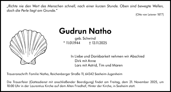Traueranzeige von Gudrun Natho von Darmstädter Echo