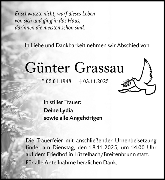 Traueranzeige von Günter Grassau von Odenwälder Echo