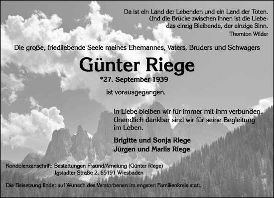 Traueranzeige von Günter Riege von Wiesbadener Kurier