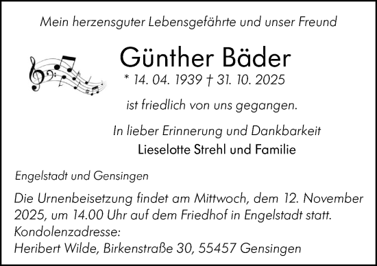 Traueranzeige von Günther Bäder von Binger-/Ingelheimer Wochenblatt
